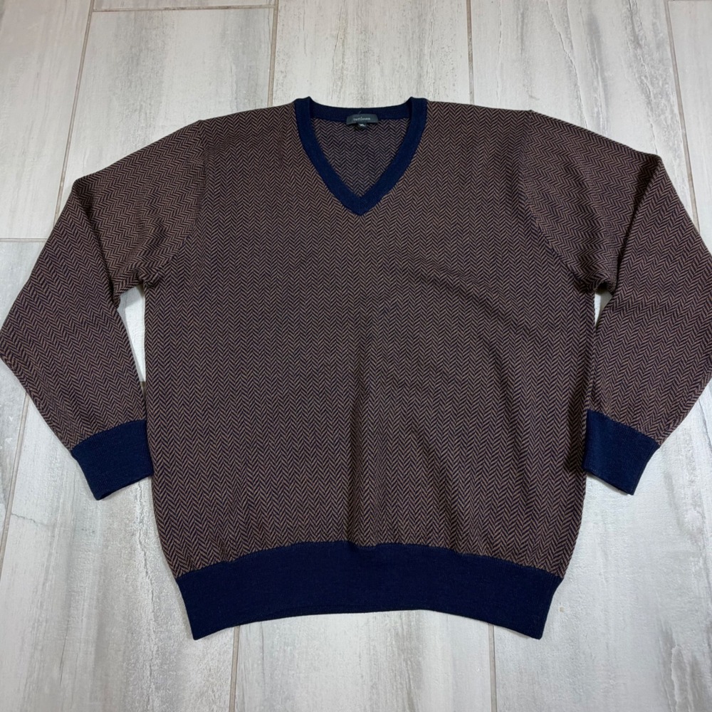 Turtleson Mens XL V-Neck Sweater Extra Fine Merino Wool Herringbone Brown Navy